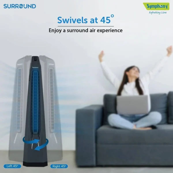 Symphony Surround Bladeless 25 ft Air Throw 650 m3/hr Air Delivery Tower Fan (Powerful Air Throw, Dark Grey) - Image 8