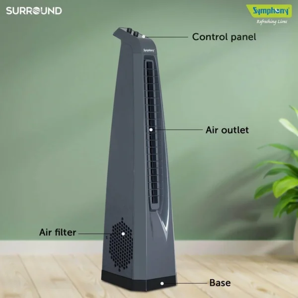 Symphony Surround Bladeless 25 ft Air Throw 650 m3/hr Air Delivery Tower Fan (Powerful Air Throw, Dark Grey) - Image 2