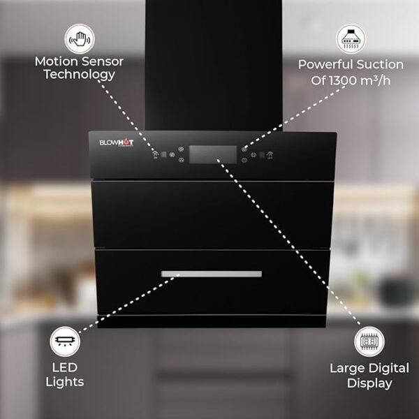 BLOWHOT LEIA S BAC MS Chimney: 60cm With Free Installation Kit | 1,300 m³/h Power | Filterless Technology | Flip Auto Open | Heat Auto Clean | Motion Sensor | 15-Year Motor Warranty - Image 7