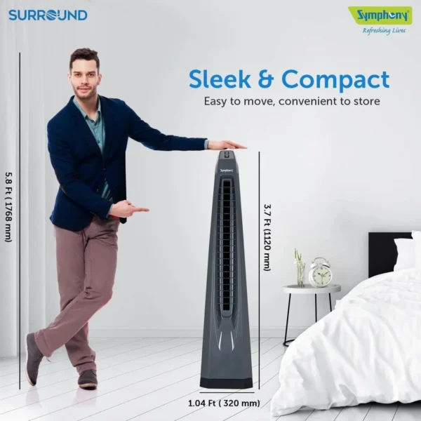 Symphony Surround Bladeless 25 ft Air Throw 650 m3/hr Air Delivery Tower Fan (Powerful Air Throw, Dark Grey) - Image 3