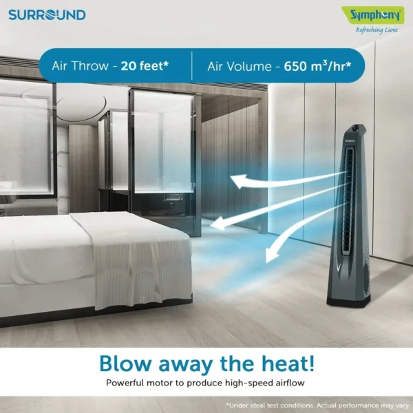 Symphony Surround Bladeless 25 ft Air Throw 650 m3/hr Air Delivery Tower Fan (Powerful Air Throw, Dark Grey) - Image 4