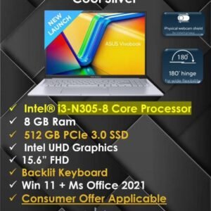 ASUS Laptop E1504GA - NJ321WS Cool Silver Intel i3 N305-8 Core Processor 8gb Ram 512 ssd intel UHD Graphics 15.6" Fhd Backlite Keyboard Win 11 + Ms Office 2021